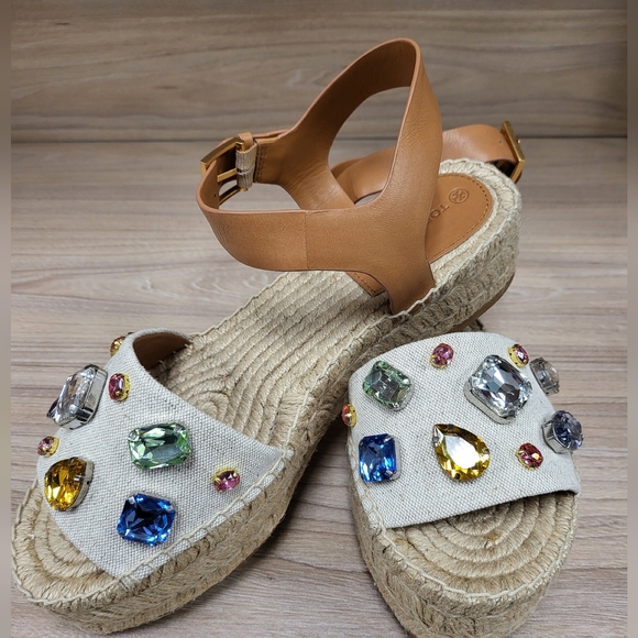 Tory Burch Crystal Raffia 30MM Platform Espadrille Size 10